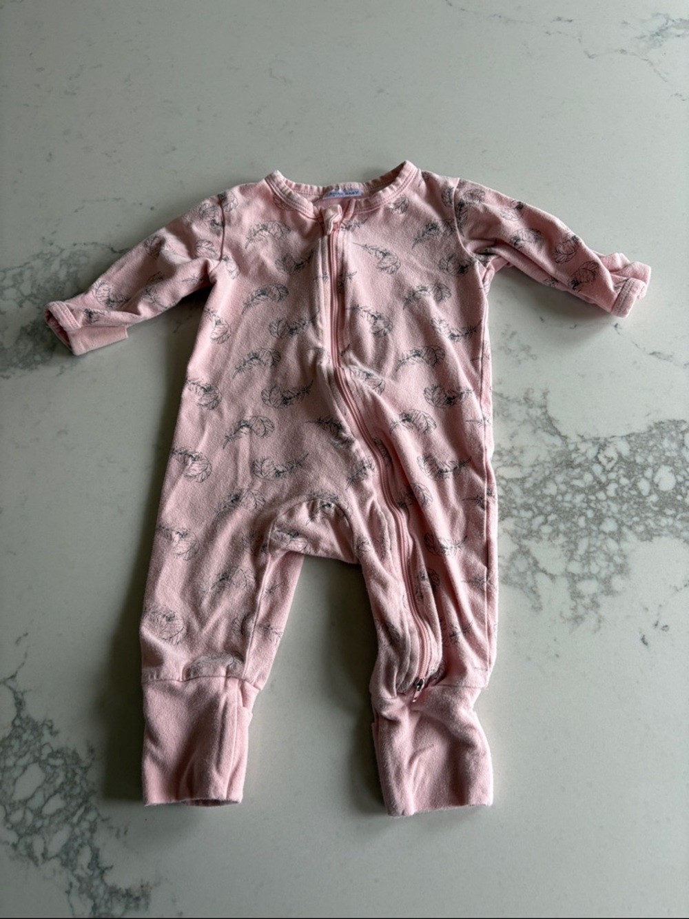 Pink Kawaii Baby Zip-Up Baby One-Piece with Feather Print